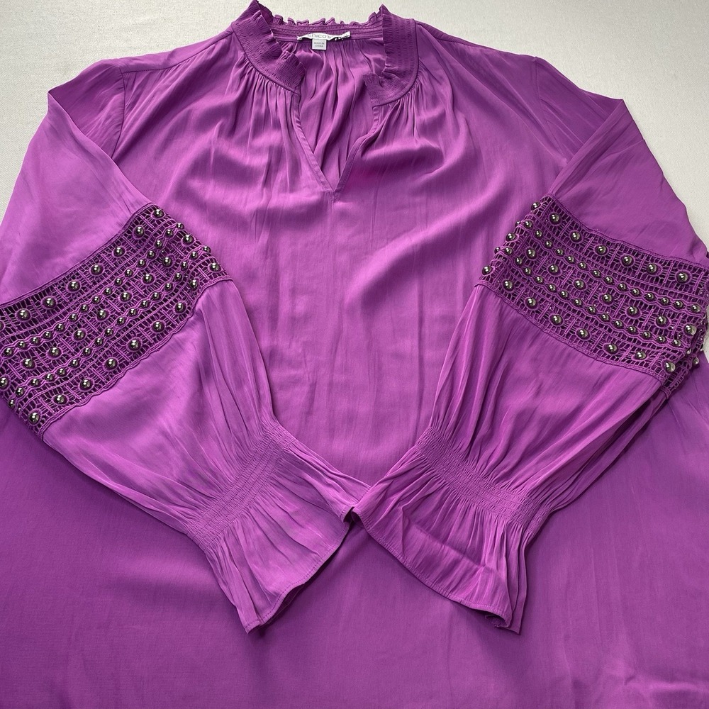 Chico's‎ Blouse 4 XXL Purple Tunic Top Mesh Studded Sleeve Ruffle Cuff V Neck - Picture 10 of 16